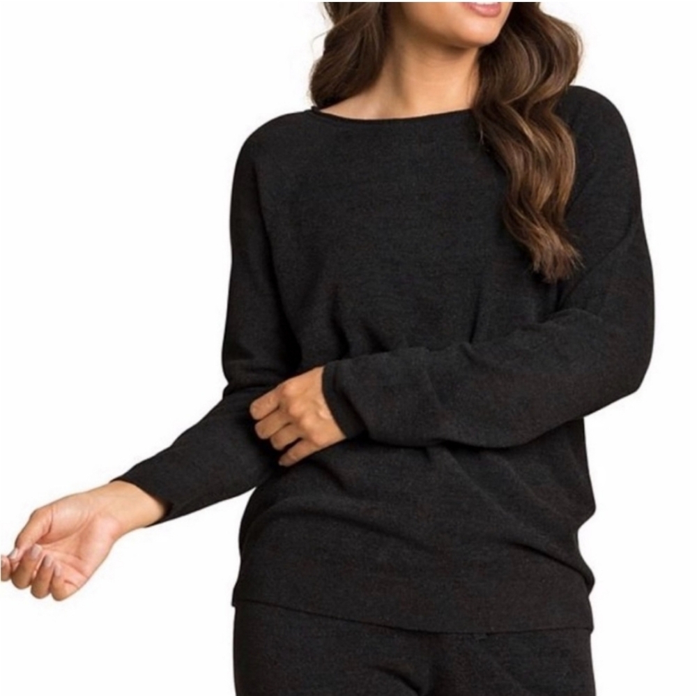 Barefoot Dreams Cozy Chic Ultra Lite Black Crew Neck Sweater with Ribbed Knit